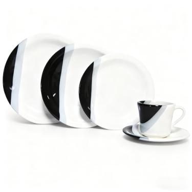 Imagem de Prato de Sobremesa Branco，Jogo de jantar Louças pratos e xícaras 20 peças completo de cerâmica Lindas cores (Preto,20)