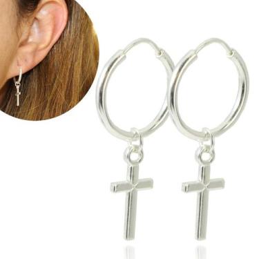 Imagem de Par Brinco Masculino Feminino Argola Cruz Prata Legitima - Lojas La&Ny