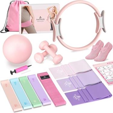 Imagem de NANATI Kit de Pilates 16 peças, kit essencial de Pilates para mulheres, equipamento de Pilates com anel e bola de Pilates de 36,8 cm, 8 faixas de resistência, acessórios para halteres e meias de