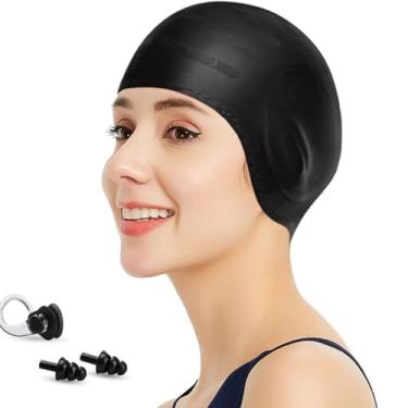 Imagem de Touca de natação, touca de natação de silicone para mulheres e homens, touca de natação durável antiderrapante impermeável protege as orelhas, cabelo comprido para adultos (preto + fones de ouvido)