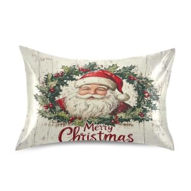Imagem de Blueangle Fronha de cetim de Natal Papai Noel para cabelo e pele, fronha de seda, tamanho Queen (50,8 x 76,2 cm) - Capas de almofada de cetim refrescantes com fecho de envelope (455)