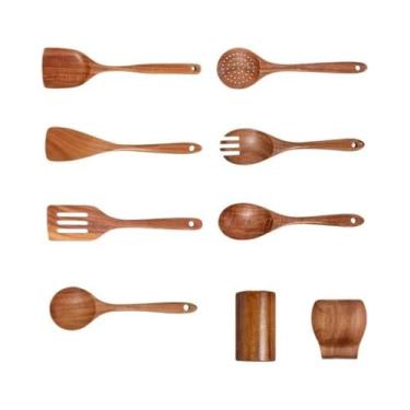 Imagem de Conjunto De Utensílios De Cozinha Em Madeira De Teak 9PCS Com Suporte 