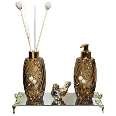 Imagem de Kit Lavabo Luxo Frascos Torcidos Bandeja Espelho Passarinho (Âmbar)