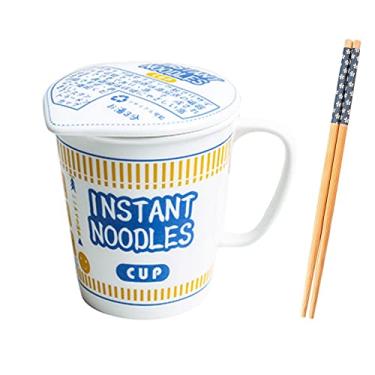 Imagem de Hanghaijia Tigela de macarrão instantâneo de cerâmica com capa, tigela de sopa de ramen criativa tampa de caneca tigela de lancheira de estudante (cor: azul, tamanho: S)