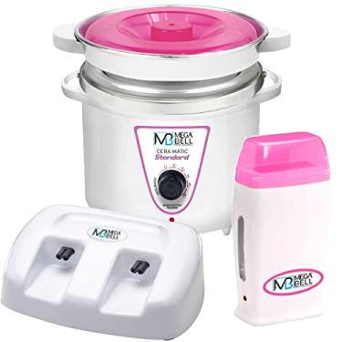 Imagem de Termocera Panela Depilação 900g c/Refil + Base Dupla c/ 1 Rollon Branco e Rosa Mega Bell