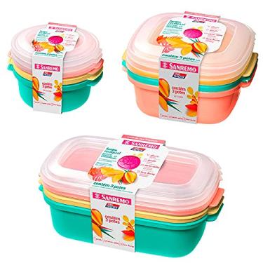 Imagem de 3 potes coloridos com tampa 530ml, 3 potes 1100ml e 3 potes 1300ml para mantimentos Livre BPA Sanremo