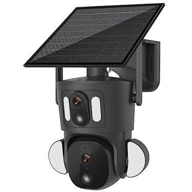 Imagem de Câmera de segurança solar sem fio para exteriores com dupla lente, câmera 1080P, WiFi 2,4 GHz, detecção de movimento PIR, rastreamento de movimento, visão noturna em cores e à prova d'água IP66