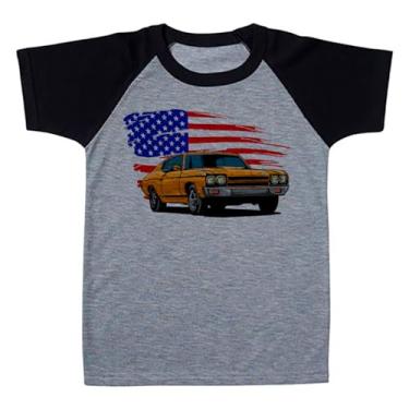 Imagem de Camiseta Raglan Infantil Cinza Carro Muscle Amarelo Escuro Bandeira Americana (BR, Numérico, 12, Regular, Polialgodão)