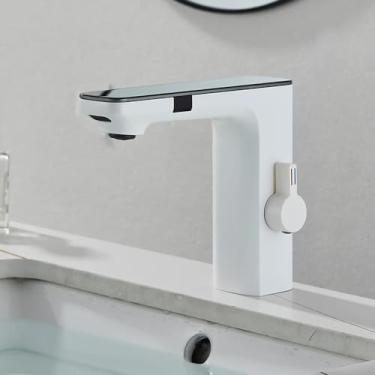 Imagem de Torneira de lavatório Torneiras de lavatório de banheiro, sensor de toque digital LED exibição de temperatura água quente fria torneira de pia inteligente torneira de água (cor: branco)