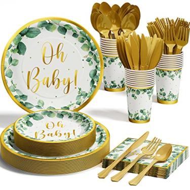 Imagem de Artigos de festa para chá de bebê Sage Greenery – 175 peças Boho neutro descartável conjunto de louça (25 convidados) com OH Baby Paper Plates, Guardanapos, copos, garfo, facas, colher para meninos e meninas, festa de aniversário