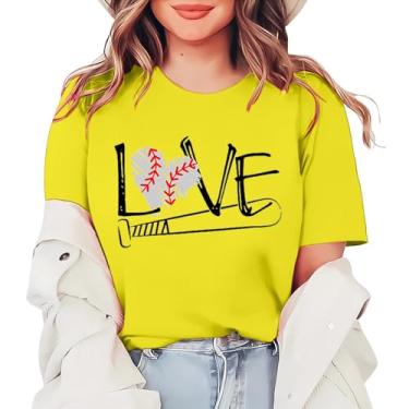 Imagem de Duobla Camiseta feminina de beisebol com estampa de letras de coração de amor lindas camisetas casuais de verão de manga curta, A-1-amarelo, M
