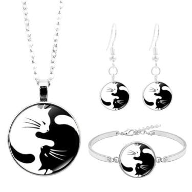 Imagem de liveliwithmin Conjunto de colar de animal de estimação preto e branco Yin Yang combinando gatos brincos gota casal gato pet conjunto de joias presente para amantes de gatos, Zinco, Cristal