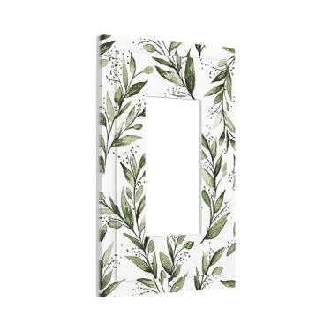 Imagem de Placa de parede de tomada decorativa única verde branco eucalipto folha de oliveira 1 interruptor de luz basculante floral sálvia placa decorativa GFCI para decoração de casa de banho de fazenda