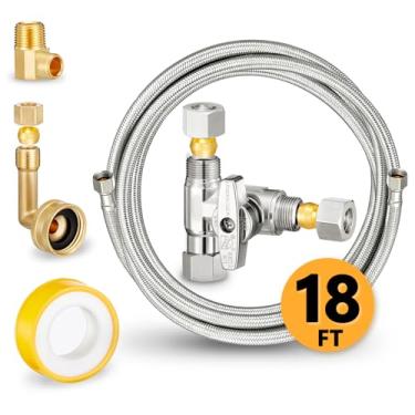 Imagem de Kit de instalação de mangueira para lava-louças – Inclui linha de abastecimento de água, divisor de água de compressão de 0,9 cm, cotovelo FHT de 0,9 cm e cotovelo MIP de 9,5 cm (18 pés)