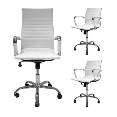 Imagem de Kit Cadeira Presidente Stripes + 2 Cadeiras Diretor Stripes Branca, Conjunto Ergonômico para Escritório, Base Cromada