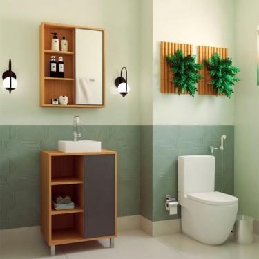 Imagem de Conjunto de Gabinete com Cuba Branca e Armário de Banheiro com Espelho Julia 2 PT Mel e Grafite