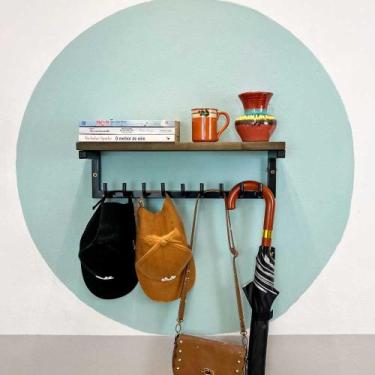 Imagem de Prateleira de Parede de Ferro e Madeira Cabideiro Style 9 Ganchos Taba
