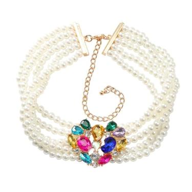 Imagem de fxmimior Colar de 5 camadas Boho Fashion Prom Shinny Strass Pérolas Círculo Amor Colar Gargantilha Dainty Layered Sexy Body Chain Colar Gargantilha Colar de Prata Colorida Halloween Natal Presente