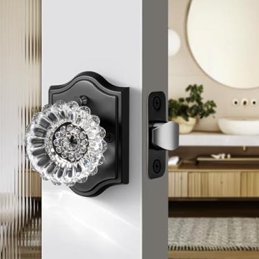 Imagem de LOQRON Maçaneta de porta de cristal de privacidade, puxador de porta de cristal design ameixa com trava de privacidade, maçaneta de vidro vintage interior para banheiro, quarto, preto fosco