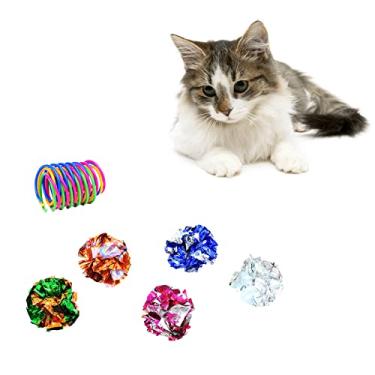 Imagem de WishLotus Brinquedos para gatos 9 pacotes, brinquedo colorido de mola para gatos, 4 peças e bolas enrugadas, 5 peças, molas espirais para gatos de alta elasticidade e bolas de rugas para gatos para golpear, morder, caçar (9 peças)