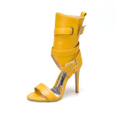 Imagem de UNWRBD Sandálias femininas de cano alto com fivela de cinto de tamanho grande de 10 cm botas de cano curto estilo estilete oco bico aberto romano, Amarelo, US5.5 EU36