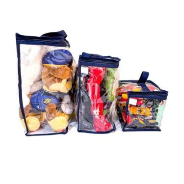 Imagem de Kit 3x Bolsa para armazenamento de brinquedos, P/M/G Azul - BOM CLOSET