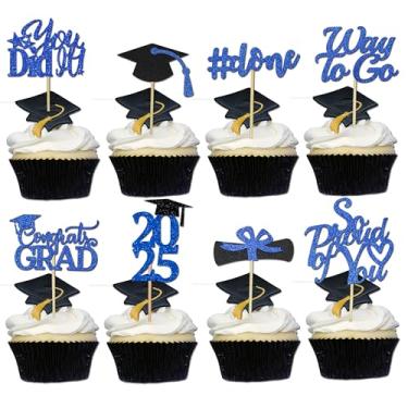 Imagem de Graduation Cupcake Toppers 2022 Blue, Glitter Class of 2022 Cupcake Toppers Supplies, Class of 2022 Congrats Grad Cap Diploma Cupcake Picks for Graduation Party Decorations 2022 Blue and Black - 35Pcs