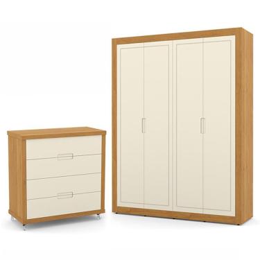 Imagem de Jogo de Quarto Infantil com Guarda Roupa 4 Portas e Cômoda 4 Gavetas Tutto New - Matic Móveis Off White/Freijó