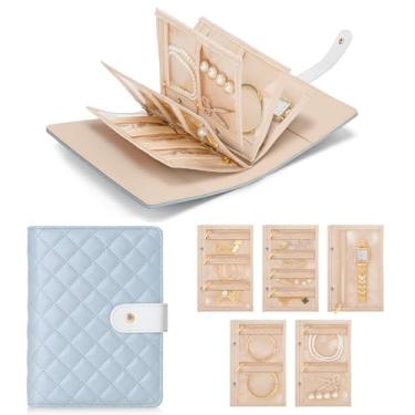 Imagem de WOOMADA Estojo organizador de joias de viagem, livro dobrável de armazenamento de joias de veludo com bolsa de zíper transparente para anéis, colares, brincos, pulseiras (azul bebê)
