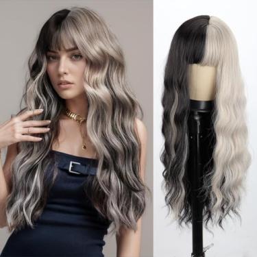 Imagem de MERISIHAIR Peruca Longa Ondulada Prateada Cinza Preta Com Mechas E Franja Preta E Branca, Peruca De 26 Polegadas Com Aparência Natural, Fibra Sintética Resistente Ao Calor Para Mulheres, Festa Diár