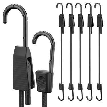 Imagem de Cordões elásticos ajustáveis, tiras elásticas resistentes de 45 cm para uso externo com ganchos fáceis de ajustar, corda elástica preta resistente a UV para prender lonas, bagagens, barracas