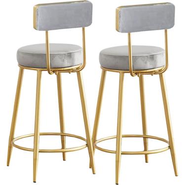 Imagem de Bancos de altura do balcão Conjunto de bancos de veludo de 2, cadeira de fezes modernas com apoio de pé traseiro e ouro, cadeiras de barra de altura para pub de cozinha, cozinha, café, cinza