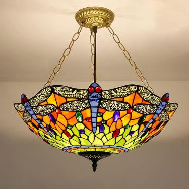 Imagem de Candelador de estilo Tiffany de 20 polegadas, pingente de vidro pendente de vitrais feitos à mão vintage, luz de teto LED ajustável em altura, decoração da sala de jantar do quarto da sala d