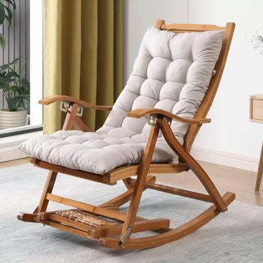 Imagem de Cadeira relaxante dobrável de reclinação de madeira com apoio de pé, poltrona confortável de balanço com cadeira de balancim de planador estofado e confortável para pátio de varanda, costas