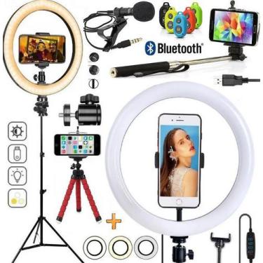 Imagem de Kit Vídeo Aula Chamada Microfone Lapela Tripé Celular Universal Ilumin