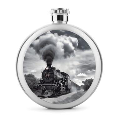 Imagem de Cantil de aço inoxidável, trem a vapor, nuvens, impressão, frasco, clássico, cantil, garrafa de viagem, garrafa portátil de licor
