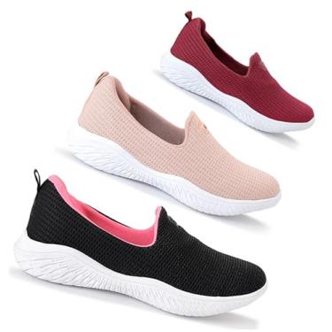 Imagem de Kit 3 Sapatilha Feminina Ortopédica Calce Fácil Sem Cadarço Leve Confortável (Preto Rosa/Nude/Bordo, BR, Adulto, Numérico, 36)