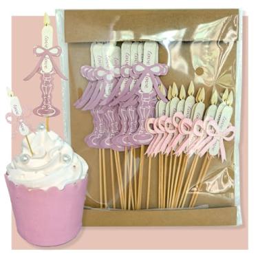 Imagem de 24pcs Pink Bow & Candlestick Cupcake Toppers No Need DIY Elegant Paper Glitter Bow Short & Tall Toothpicks for Birthday Cake Dessert Cocktail Food Fruit Party Supplies (Cup cake, Pink)