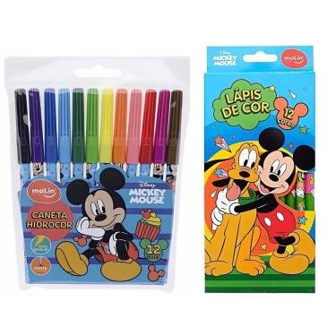 Imagem de Kit Mickey Mouse Escolar Canetinha + Lápis De Cor Molin