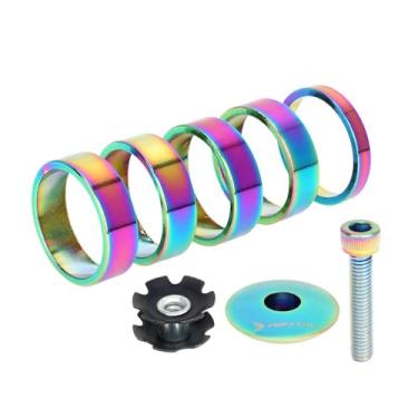 Imagem de simhoa 5 peças de arruelas de haste dianteira de bicicleta, espaçadores de garfo de bicicleta, parafuso de junta de 1-1/8" 5/10 mm com tampa superior,