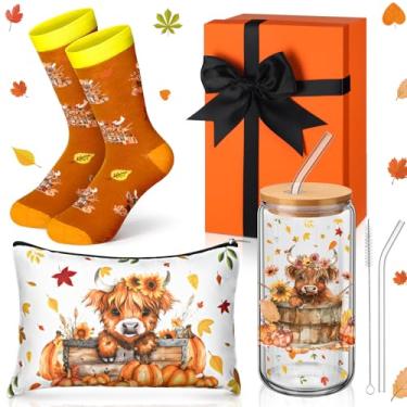 Imagem de Skylety O conjunto de presente com tema de abóbora de vaca Fall Highland inclui copo de vidro de 473 ml com tampa e palha linda bolsa de maquiagem ocidental vaca highland presentes de Ação de Graças