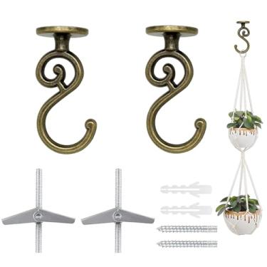 Imagem de Evsteluo Gancho de teto resistente em forma de S, para madeira, concreto e drywall, para pendurar decoração de casa, plantas e muito mais, carga máxima de 18 kg (2, latão antigo)