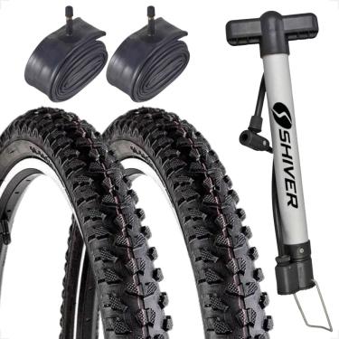 Imagem de PAR Pneu bicicleta Levorin Excess aro 26 x 1.95 banda leve + PAR Camara bico grosso + Bomba de ar 