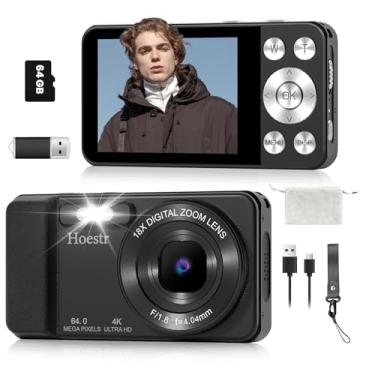Imagem de Câmera digital 4K de 64 MP, câmera compacta com foco automático de zoom 18X com cartão TF de 64 GB, flash, tela LCD de 2,8 polegadas para adolescentes adultos iniciantes fotografia de viagem vlogging