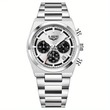 Imagem de Relógio Esportivo Masculino Quartzo Multifuncional Sofisticado Em Aço Inoxidavél 3atm Branco Prateado