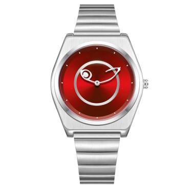 Imagem de PINTIME Relógio de pulso moderno de aço inoxidável – Relógio masculino futurista com mostrador azul com ponteiros assimétricos | Design minimalista de quartzo, Vermelho