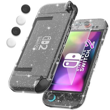 Imagem de FANPL [Improved Easy Dockable Version] Clear Glitter Case for Nintendo Switch 2, Protective Cover for Switch 2 and JoyCon Controller with Screen Protector 4 Thumb Grip Caps - Strong and Durable