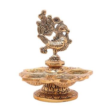 Imagem de Metal Punchmukhi Diya Peacocok Design Deepak Lâmpada a óleo com sino Oxidado Banhado a Ouro Branco Puja Indiano Tradicional Ganpati Ganesha Decoração de Casa Decoração Pooja Itens para Decoração