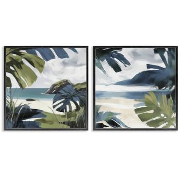 Imagem de Stupell Industries Conjunto de arte giclée emoldurado em preto com 2 peças de cenas de praia Tropical Vibes por Elara Yasna, 12 x 12