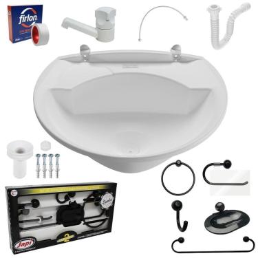 Imagem de Pia Lavatório Banheiro Plástico 4L Branca + Kit Banheiro